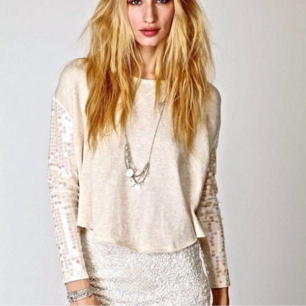 Free People Sequin Sleeve Crewneck Sweater Cream Size Medium Oversized